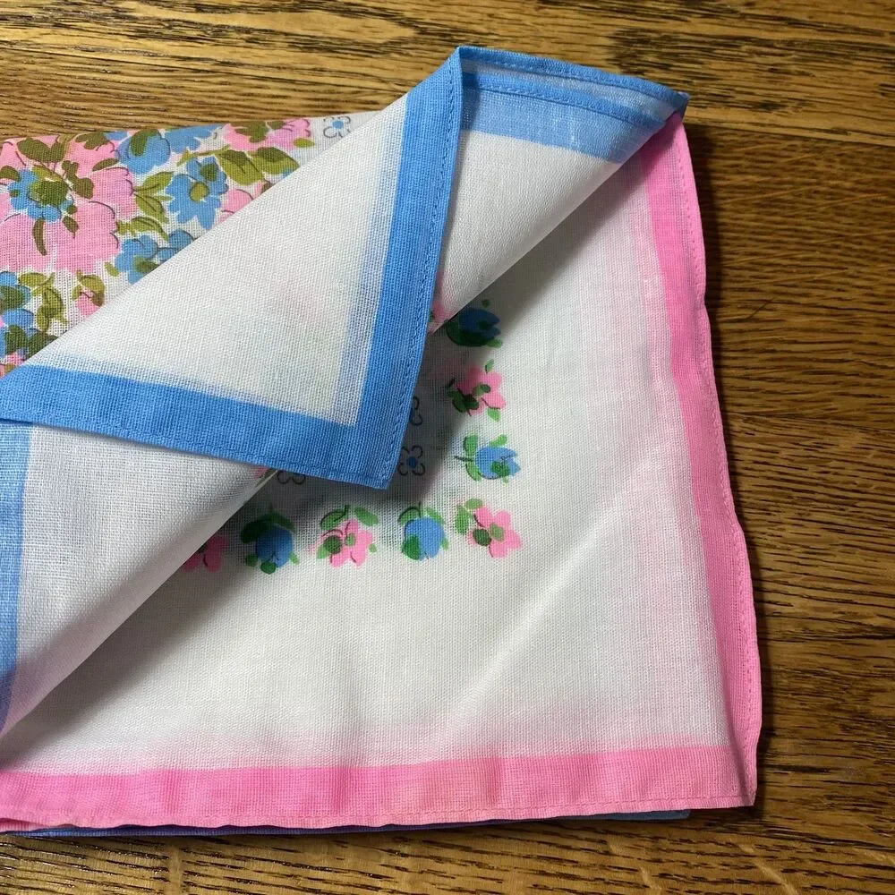 Vintage Set of 6 Handkerchiefs Blue Pink Floral NOS